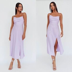 Lilac Suki Spaghetti Strap Cowl Neck Front Split Midi Dress